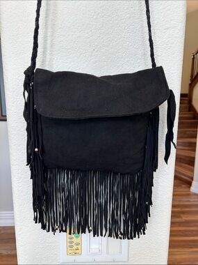 Ren Ellis - Black Suede Crossbody Bag w/ Matching Suede Fringe & Braided Strap